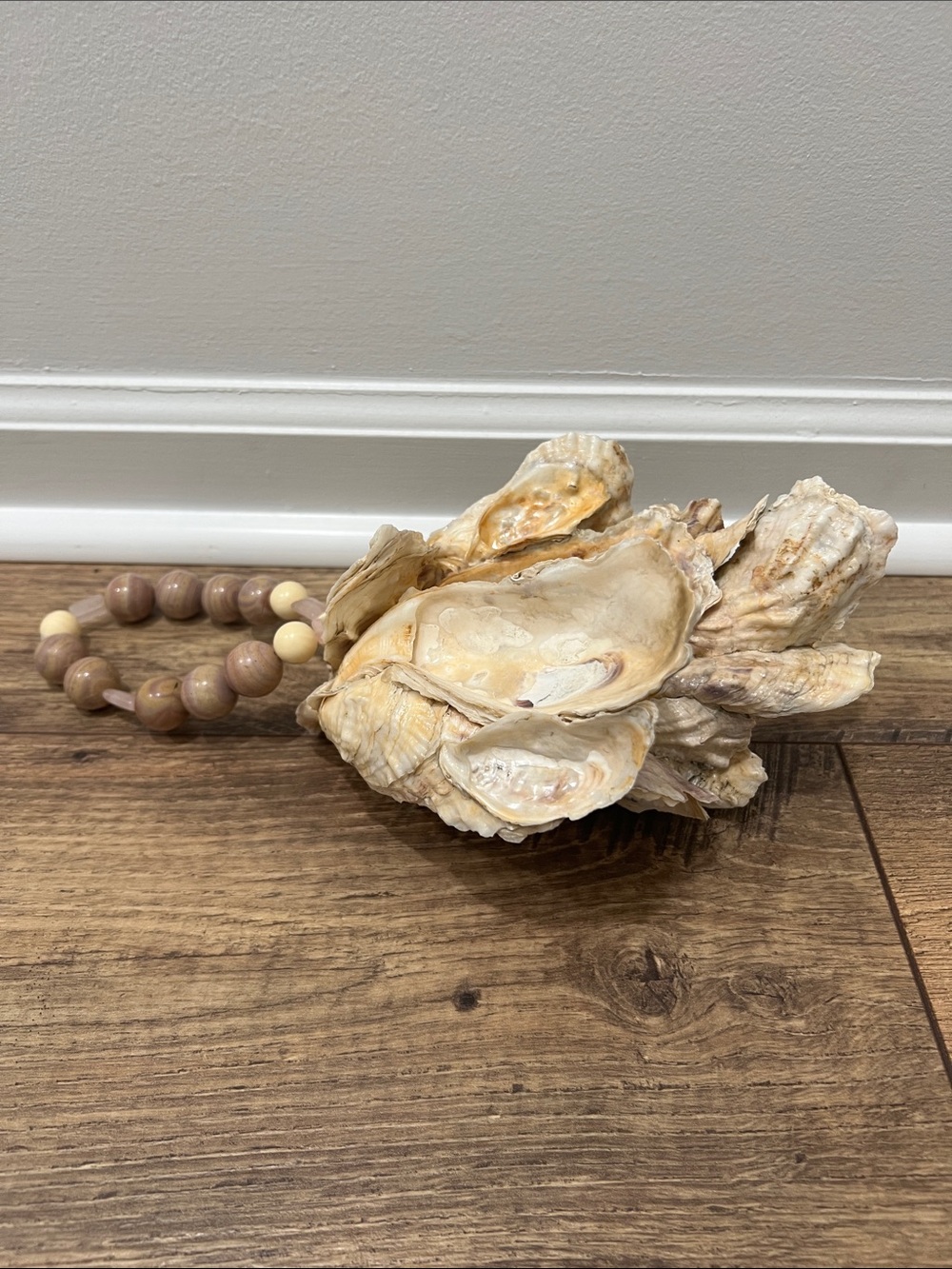 Handmade Oyster Shell Blessing Decorative Accent with Wooden Bead Loop